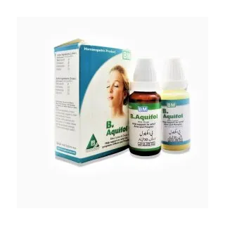 BM B.Aquifol Drops and Lotion homeopathic product in multiple formats on a pure white background