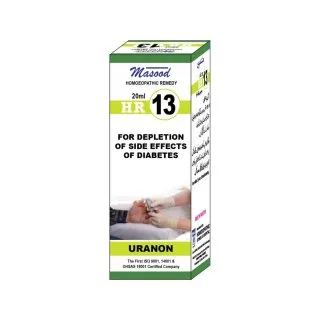 Dr. Masood HR-13 Uranon homeopathic drops 20 ml product package on a white background