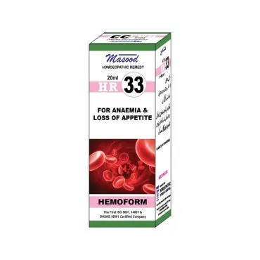 Dr. Masood HR-33 Hemoform homeopathic drops 20 ml product package on a white background