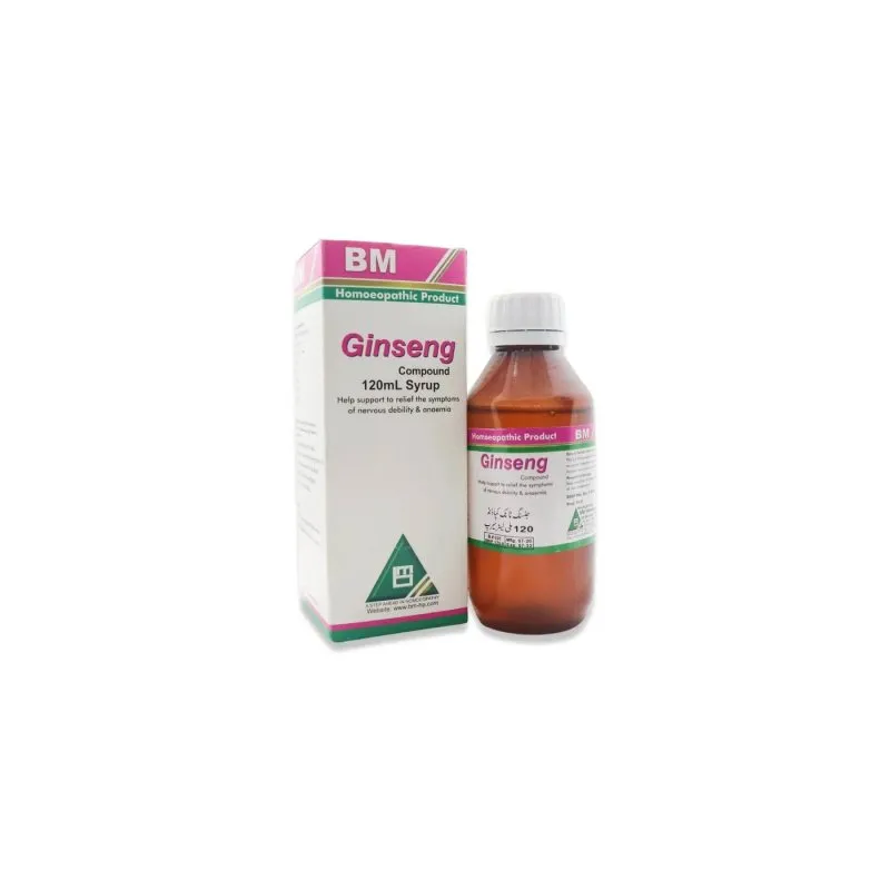 BM Ginseng Tablet and Syrup Syrup 120 ml homeopathic product on a pure white background