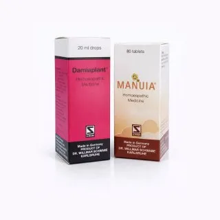 Dr. Willmar Schwabe Damiaplant drops and Manuia tablets combination set on white background