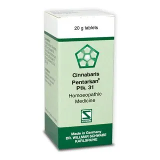 Cinnabaris Pentarkan Ptk. 31 20g Tablets by Dr. Willmar Schwabe, original homeopathic packshot on white background