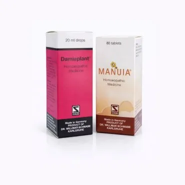 Dr. Willmar Schwabe Damiaplant drops and Manuia tablets combination set on white background