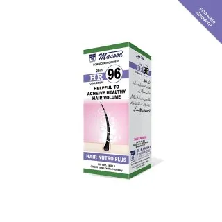 Dr. Masood HR-96 Hair Nutro Plus homeopathic drops 20 ml product package on a white background