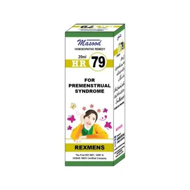 Dr. Masood HR-79 Rexmens homeopathic drops 20 ml product package on a white background