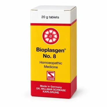 Bioplasgen No. 8 20g homeopathic combination tablets by Dr. Willmar Schwabe on a pure white studio background