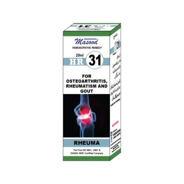 Dr. Masood HR-31 Rheuma homeopathic drops 20 ml product package on a white background