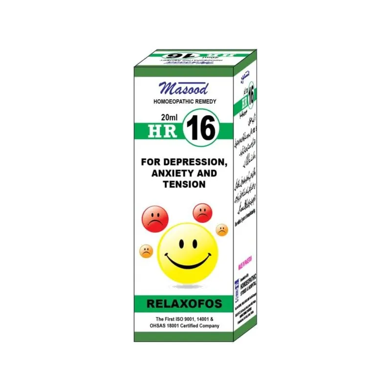 Dr. Masood HR-16 Relaxofos homeopathic drops 20 ml product package on a white background