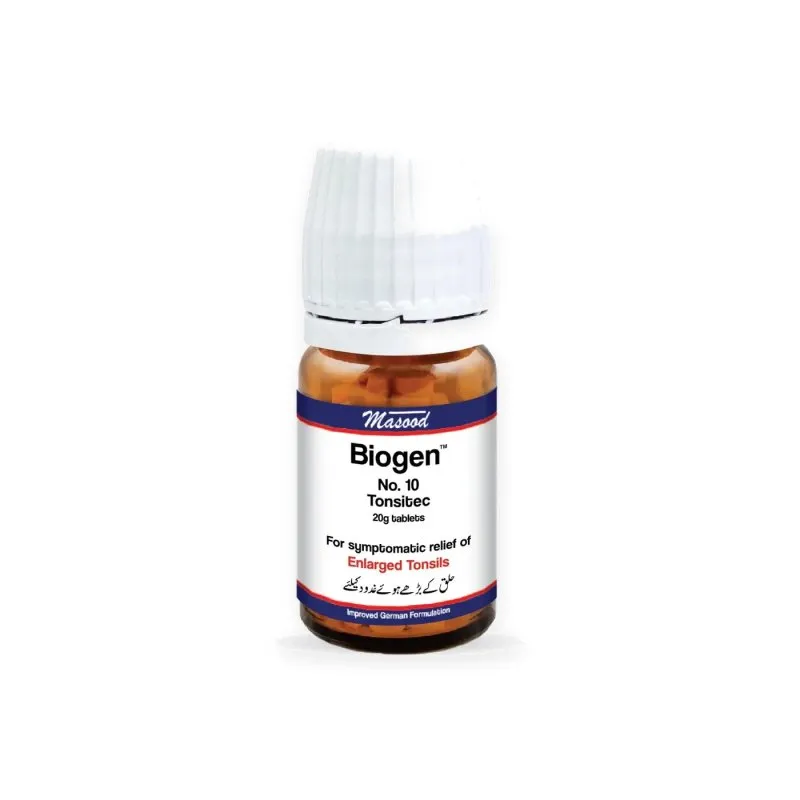 Biogen 10 Tonsitec 20 g tablets by Dr. Masood on a white background