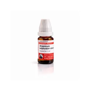 Arsenicum Sulphuratum Rubrum 10ml liquid homeopathic dilution bottle or pack on white background