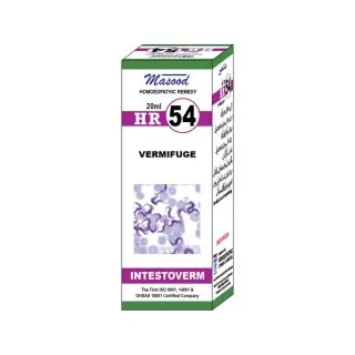 Dr. Masood HR-54 Intestoverm homeopathic drops 20 ml product package on a white background