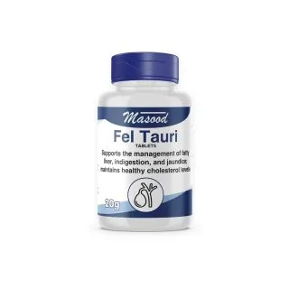 Fel Tauri Tablets by Dr. Masood, original bottle on a white background