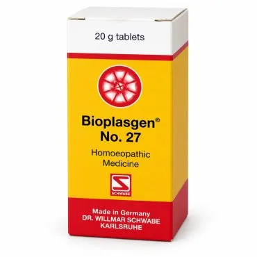 Bioplasgen No. 27 20g homeopathic combination tablets by Dr. Willmar Schwabe on a pure white studio background