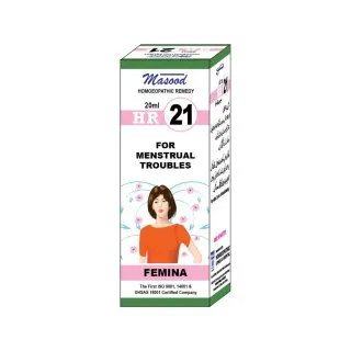 Dr. Masood HR-21 Femina homeopathic drops 20 ml product package on a white background