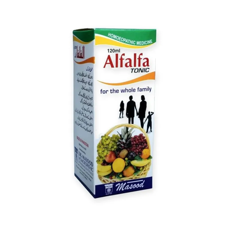 Alfalfa Tonic by Dr. Masood, original product packaging on a white background