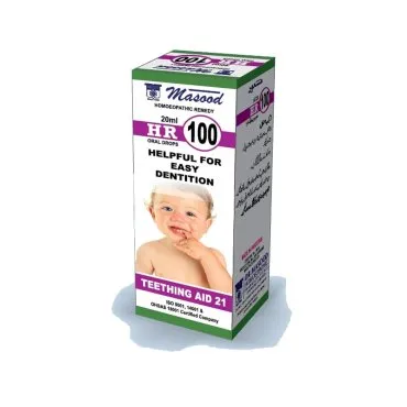 Dr. Masood HR-100 Teething Aid homeopathic drops 20 ml product package on a white background