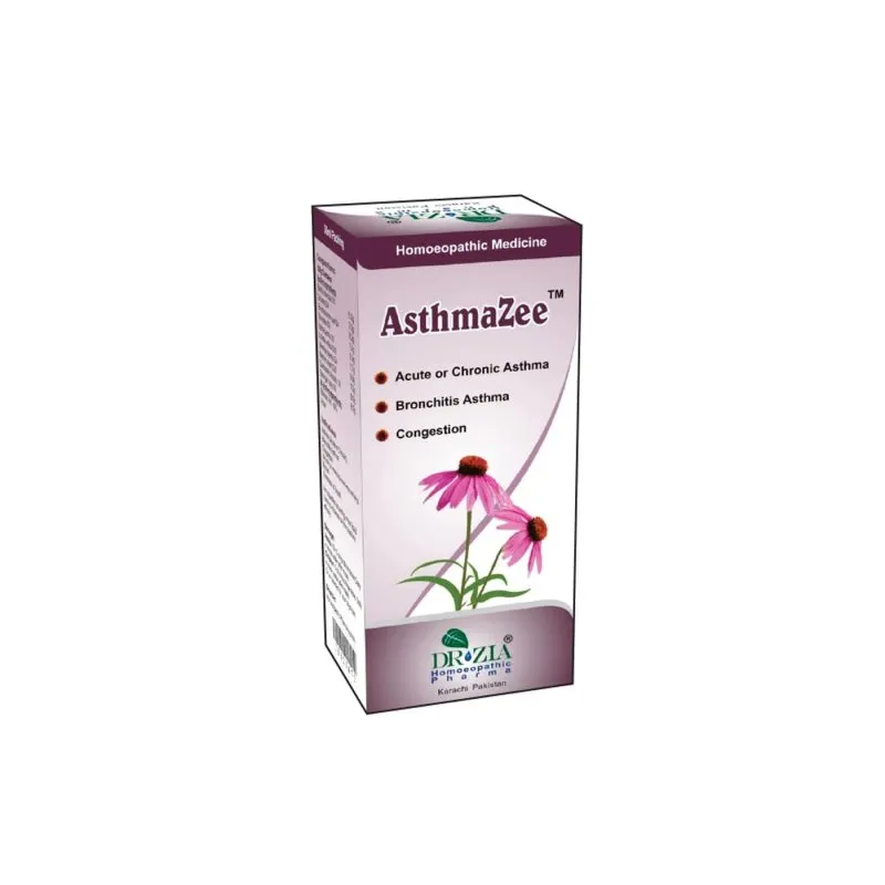 Asthmazee by Dr Zia Pharma, product pack centered on a white background