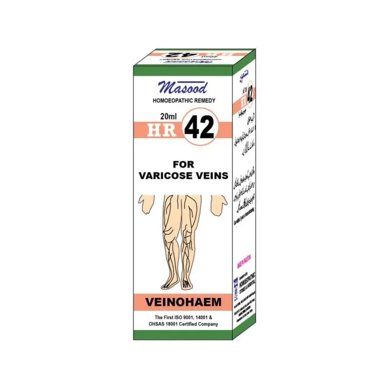 Dr. Masood HR-42 Veinohaem homeopathic drops 20 ml product package on a white background
