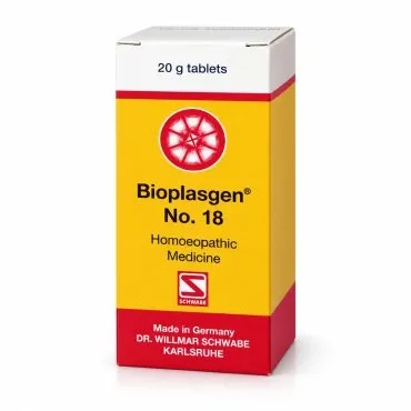 Bioplasgen No. 18 20g homeopathic combination tablets by Dr. Willmar Schwabe on a pure white studio background