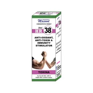 Dr. Masood HR-38 Toxina homeopathic drops 20 ml product package on a white background