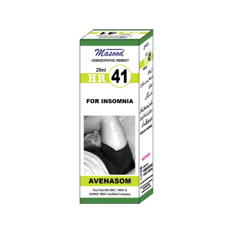 Dr. Masood HR-41 Avenasom homeopathic drops 20 ml product package on a white background