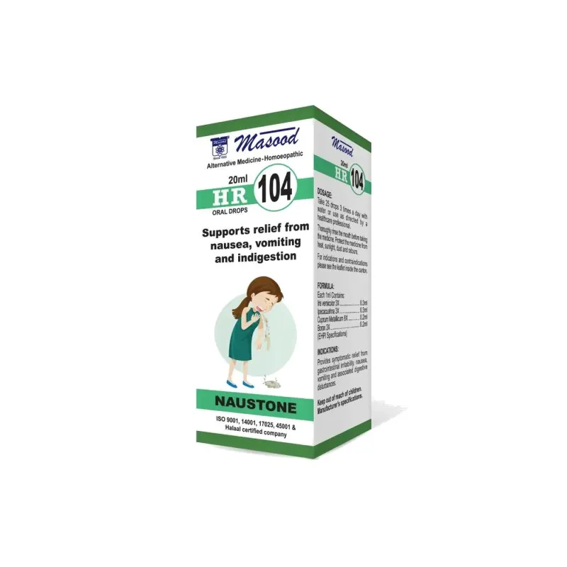 Dr. Masood HR-104 Naustone homeopathic drops 20 ml product package on a white background