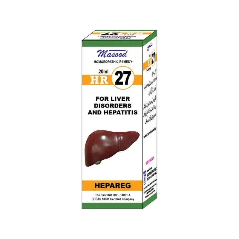 Dr. Masood HR-27 Hepareg homeopathic drops 20 ml product package on a white background