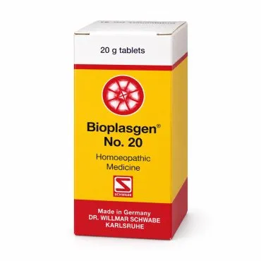 Bioplasgen No. 20 20g homeopathic combination tablets by Dr. Willmar Schwabe on a pure white studio background