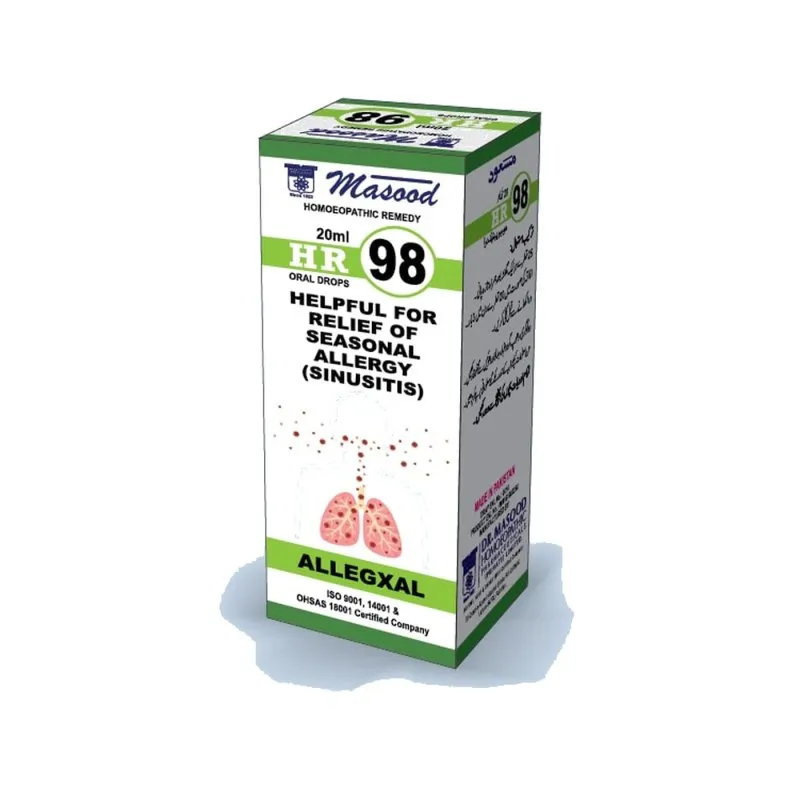 Dr. Masood HR-98 Allegxal homeopathic drops 20 ml product package on a white background