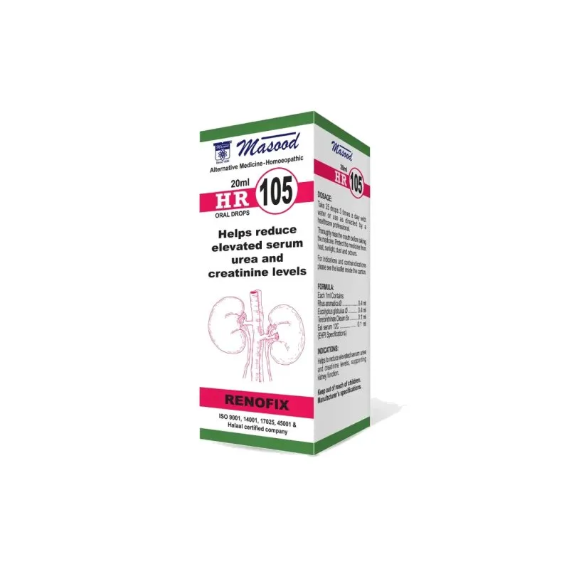 Dr. Masood HR-105 Renofix homeopathic drops 20 ml product package on a white background