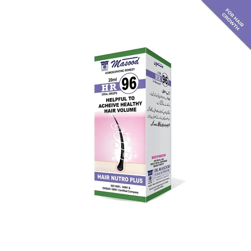 Dr. Masood HR-96 Hair Nutro Plus homeopathic drops 20 ml product package on a white background