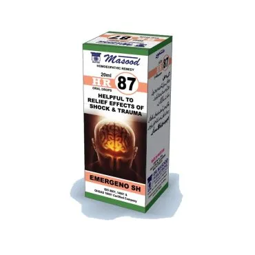 Dr. Masood HR-87 Emergeno-Sh homeopathic drops 20 ml product package on a white background