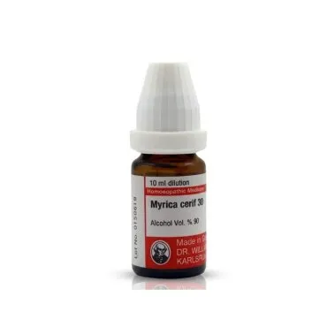 Myrica Cerif 10ml homeopathic dilutions and mother tincture bottle or pack on white background