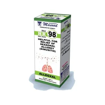 Dr. Masood HR-98 Allegxal homeopathic drops 20 ml product package on a white background