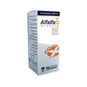 Alfalfa with Ginseng Syrup by Dr. Masood, original product packaging on a white background