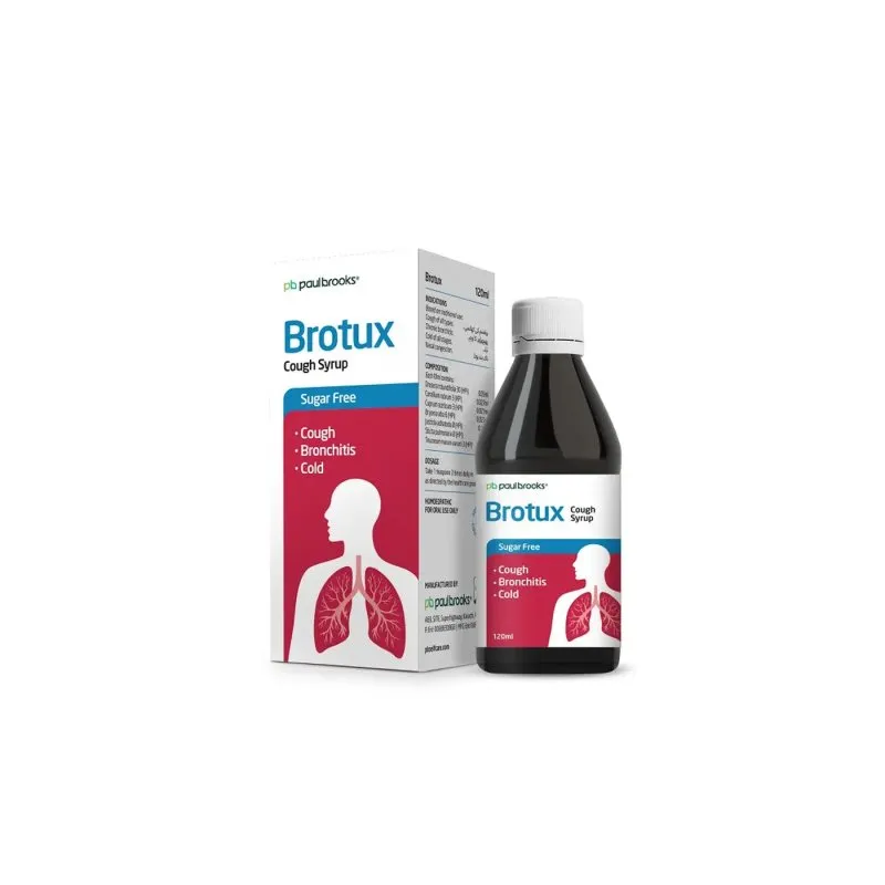 Brotux Sugar Free Cough Syrup by Paul Brooks, product pack on a white background