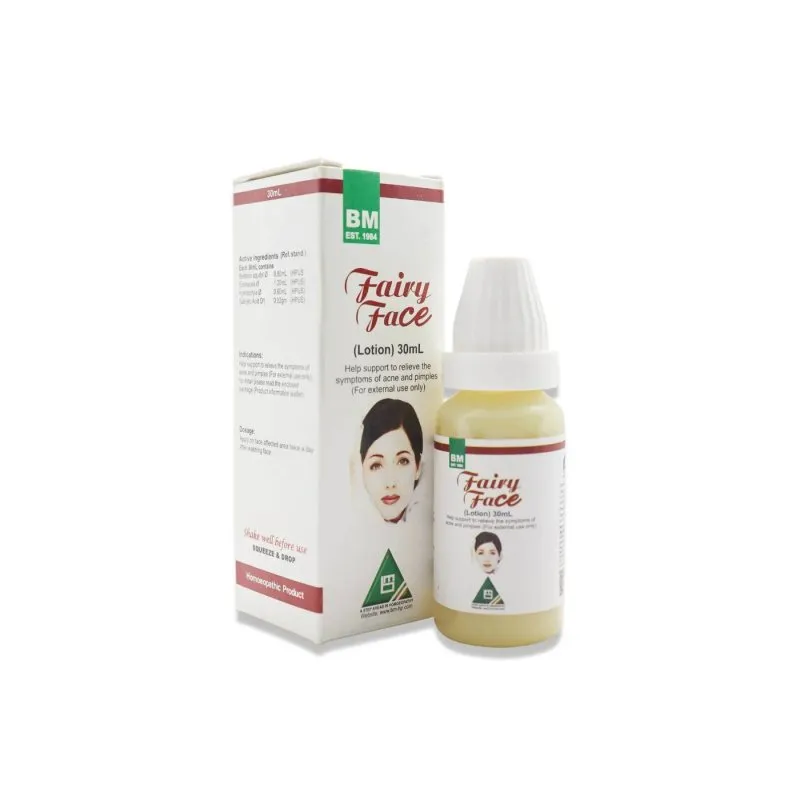 BM Fairy Face Lotion topical preparation by BM Homoeopathic Pharmaceuticals on a pure white background