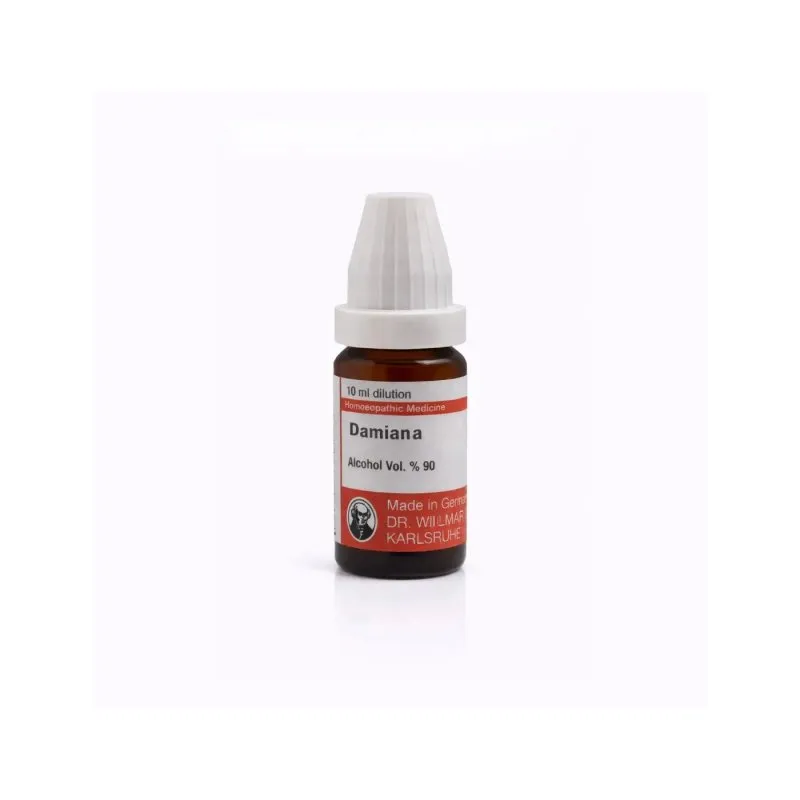 Damiana 10ml homeopathic dilutions and mother tincture bottle or pack on white background