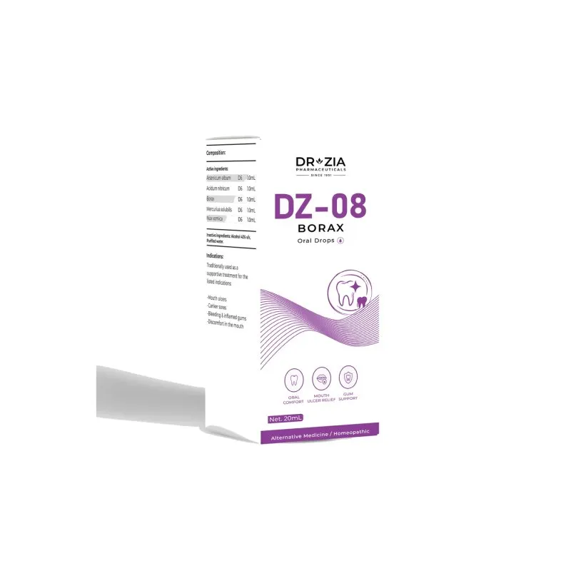 DZ-08 Borax by Dr Zia Pharma, product pack centered on a white background