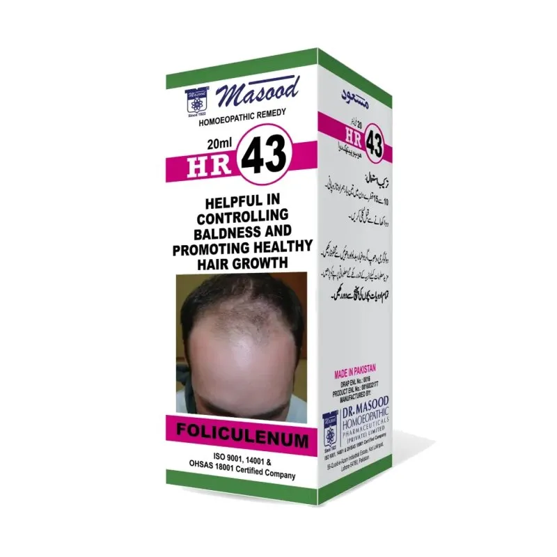 Dr. Masood HR-43 Foliculenum homeopathic drops 20 ml product package on a white background