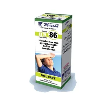 Dr. Masood HR-86 Soltret homeopathic drops 20 ml product package on a white background
