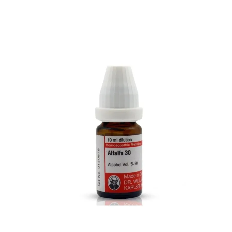 Alfalfa 10ml homeopathic dilutions and mother tincture bottle or pack on white background