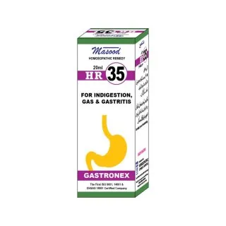 Dr. Masood HR-35 Gastronex homeopathic drops 20 ml product package on a white background