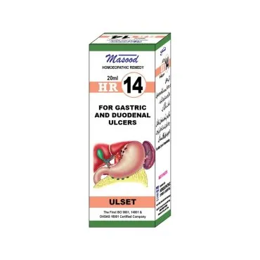 Dr. Masood HR-14 Ulset homeopathic drops 20 ml product package on a white background