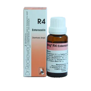 R4 Enterocolin 22ml homeopathic drops by Dr. Reckeweg, bottle and carton