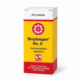 Bioplasgen No. 6 20g homeopathic combination tablets by Dr. Willmar Schwabe on a pure white studio background