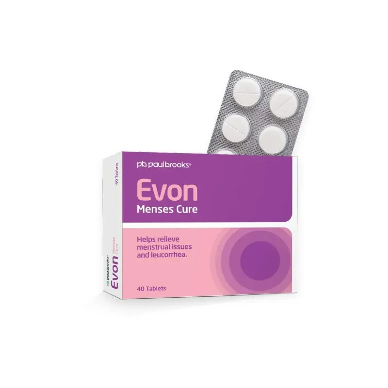 Evon Menses Cure Tablets by Paul Brooks, product pack on a white background