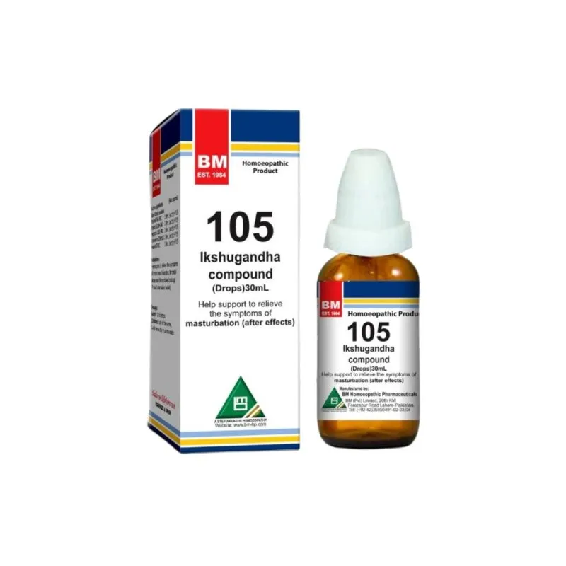 BM 105 Drops homeopathic drops on a pure white background