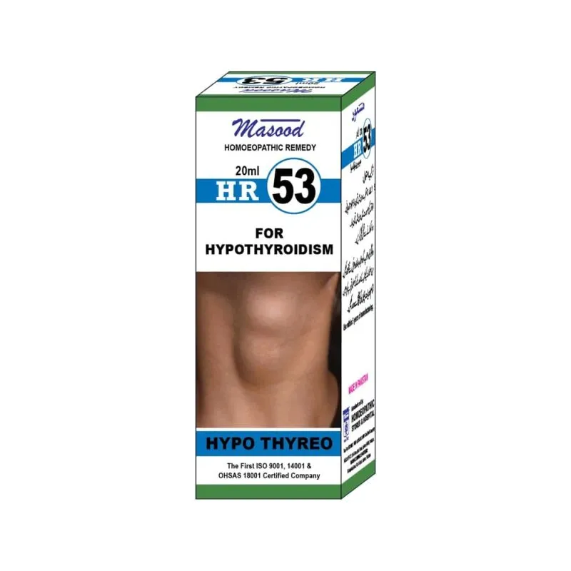 Dr. Masood HR-53 Hypo Thyreo homeopathic drops 20 ml product package on a white background
