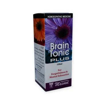 Brain Tonic Plus Drops by Dr. Masood, original product packaging on a white background